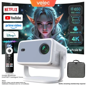 Velec TP350 650ANSI 4K HD 1080P Beam Projector Netflix Certified Auto Focus Android Portable Outdoor Smart Home Cinema Projector